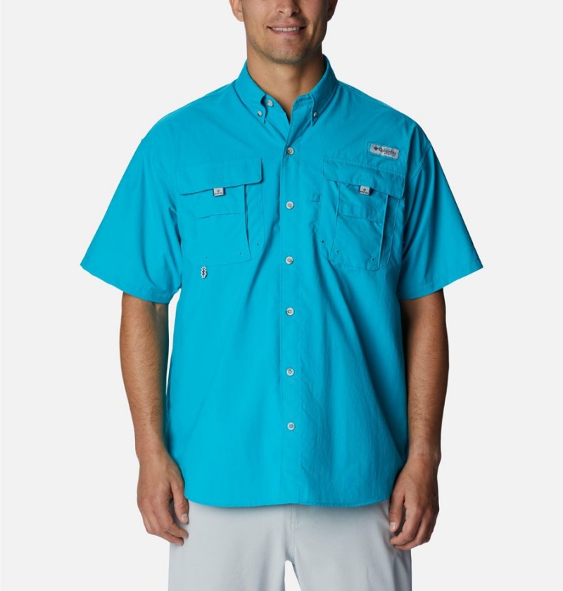 Turquoise Men\'s Columbia PFG Bahama II Short Sleeve Shirt | WAZHM-8032