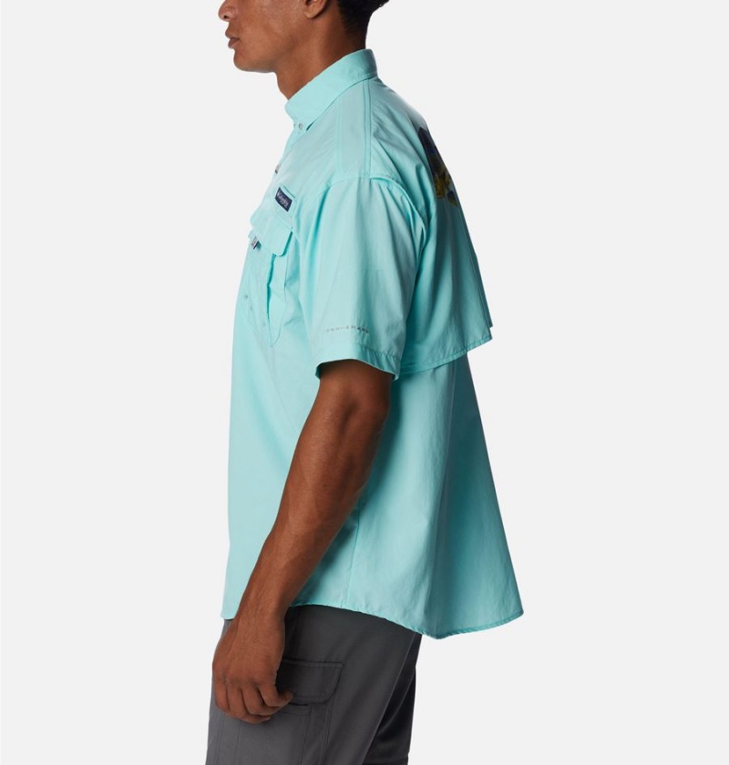 Turquoise Men's Columbia PFG Bahama Icon Short Sleeve Shirt | MXQEO-1542