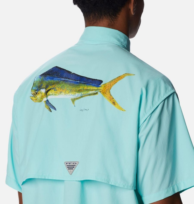 Turquoise Men's Columbia PFG Bahama Icon Short Sleeve Shirt | MXQEO-1542