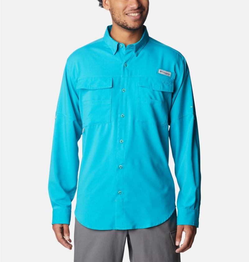 Turquoise Men\'s Columbia PFG Blood and Guts IV Woven Long Sleeve Shirt | WIFRN-2843