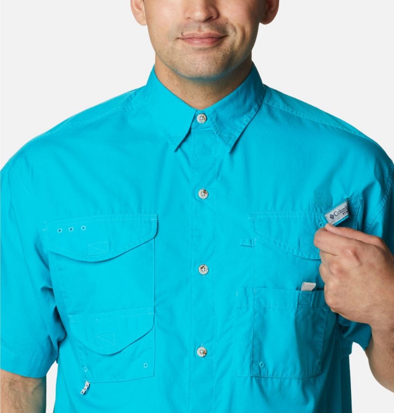 Turquoise Men's Columbia PFG Bonehead Short Sleeve Shirt | OBFVU-4907