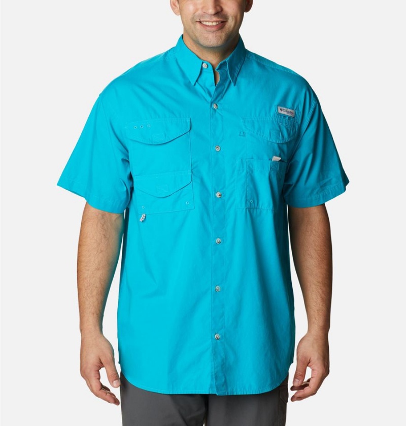 Turquoise Men\'s Columbia PFG Bonehead Short Sleeve Shirt | OBFVU-4907