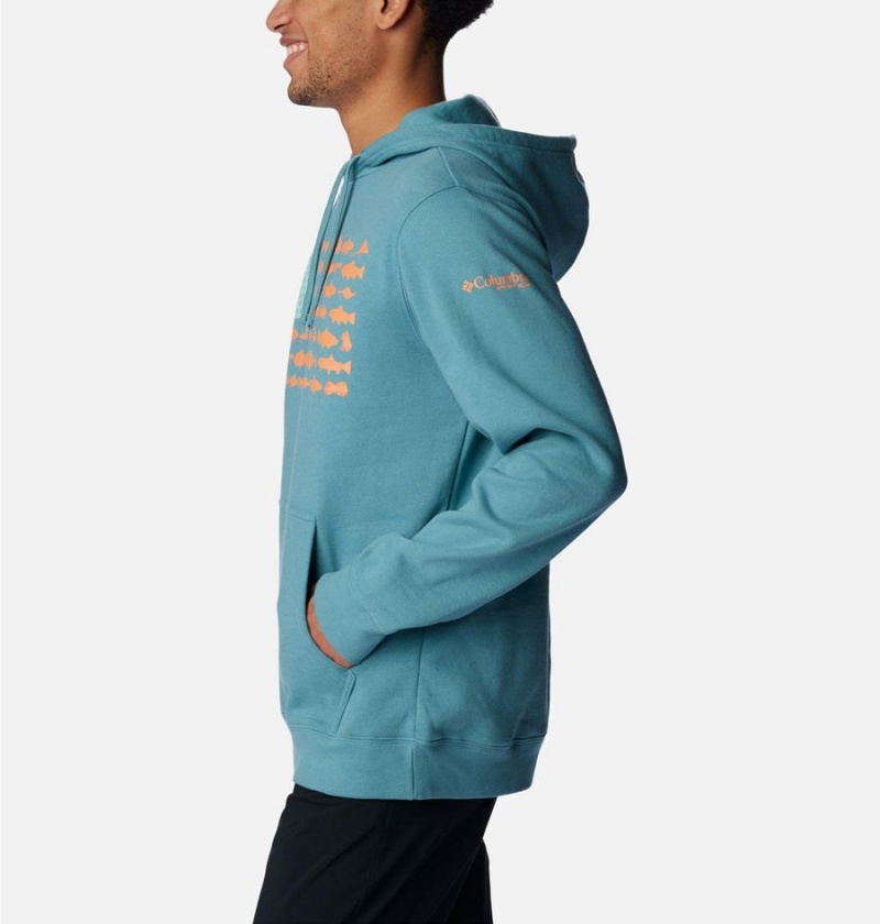 Turquoise Men's Columbia PFG Fish Flag II Hoodie | LUWBI-5084