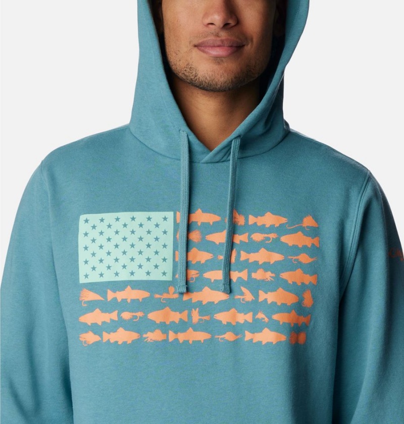 Turquoise Men's Columbia PFG Fish Flag II Hoodie | LUWBI-5084