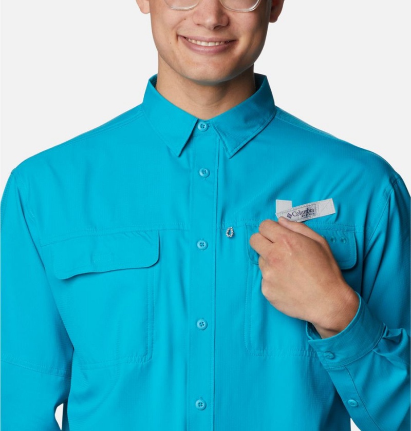 Turquoise Men's Columbia PFG Skiff Guide Woven Long Sleeve Shirt | CJGQK-2836