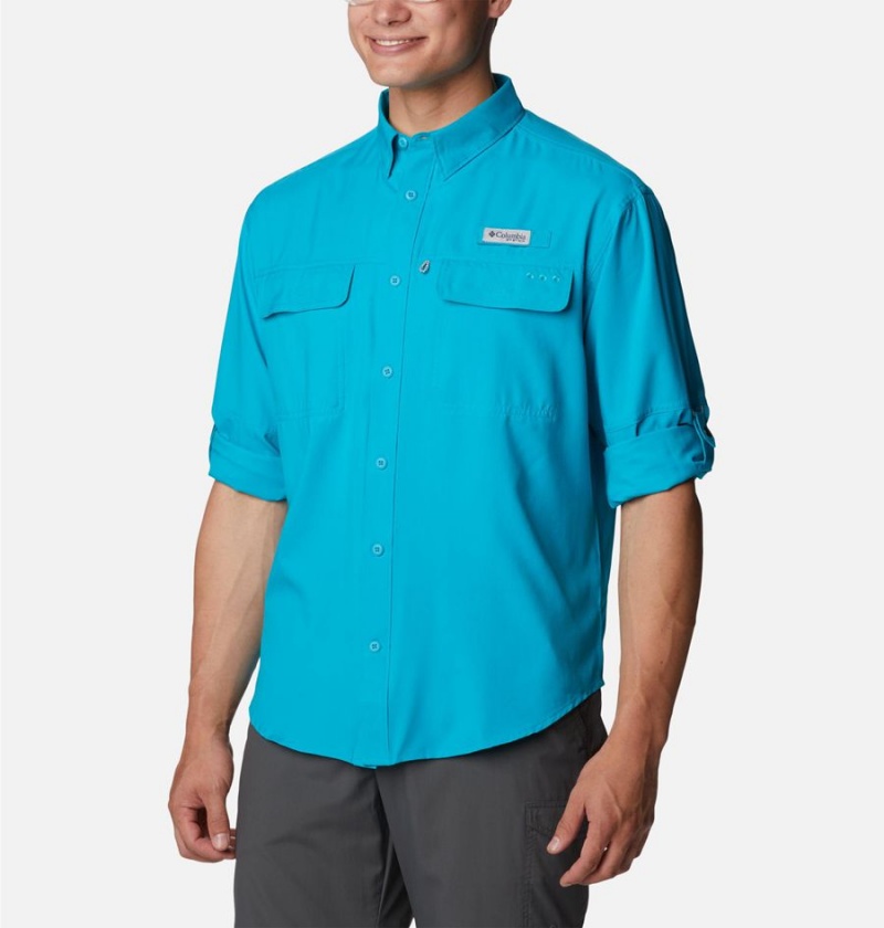 Turquoise Men's Columbia PFG Skiff Guide Woven Long Sleeve Shirt | CJGQK-2836