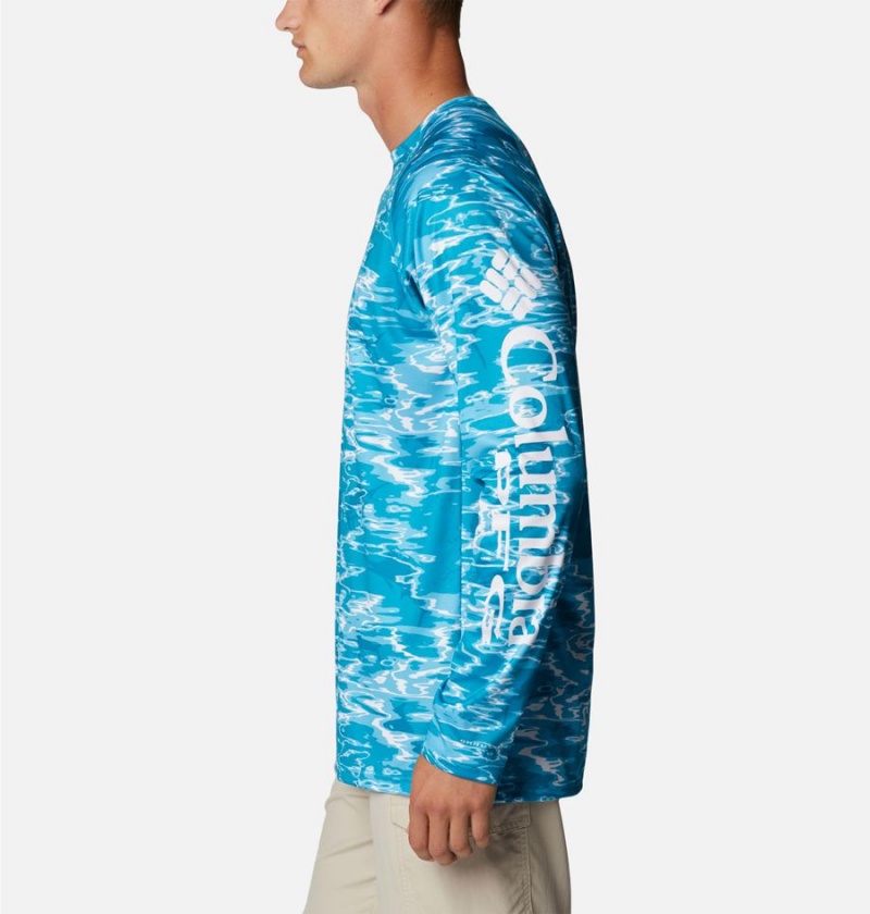 Turquoise Men's Columbia PFG Super Terminal Tackle Long Sleeve T-Shirt | QJZKN-6490