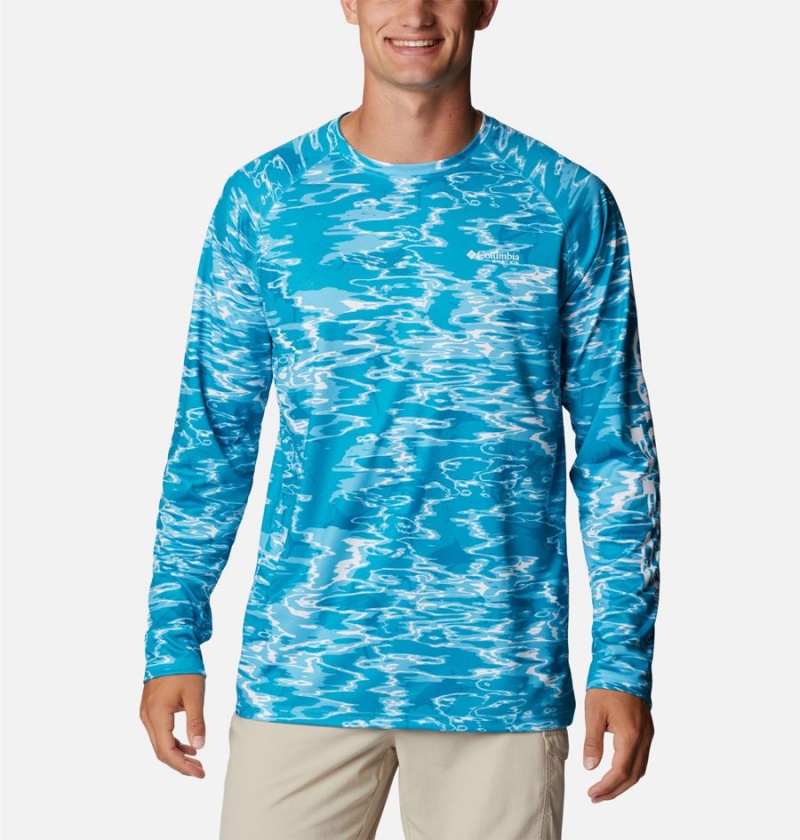 Turquoise Men\'s Columbia PFG Super Terminal Tackle Long Sleeve T-Shirt | QJZKN-6490