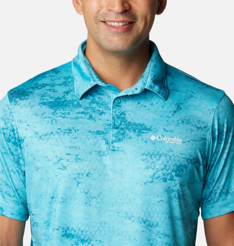 Turquoise Men's Columbia PFG Super Terminal Tackle Polo Shirt | PHQAK-6432