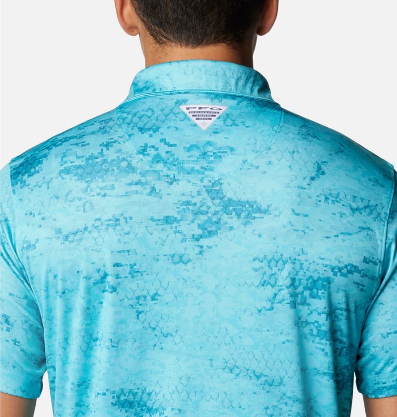 Turquoise Men's Columbia PFG Super Terminal Tackle Polo Shirt | PHQAK-6432