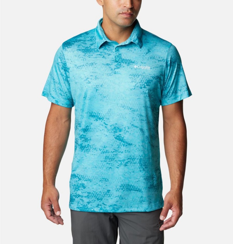 Turquoise Men\'s Columbia PFG Super Terminal Tackle Polo Shirt | PHQAK-6432