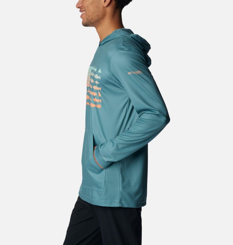 Turquoise Men's Columbia PFG Terminal Tackle Fish Flag Hoodie | NTZGO-8231