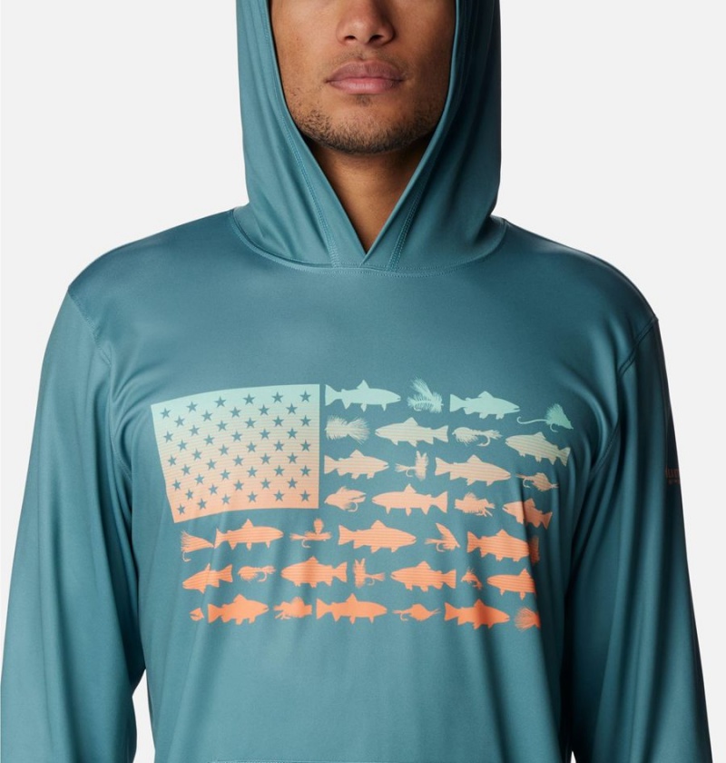 Turquoise Men's Columbia PFG Terminal Tackle Fish Flag Hoodie | NTZGO-8231