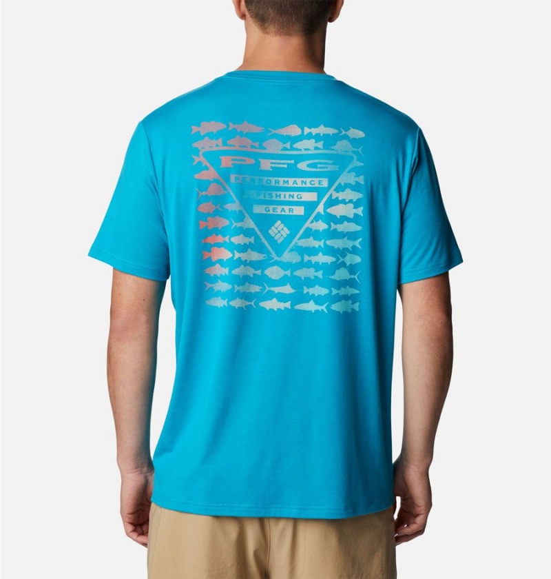 Turquoise Men's Columbia PFG Triangle Fill Tech T-Shirt | LCNKT-0728