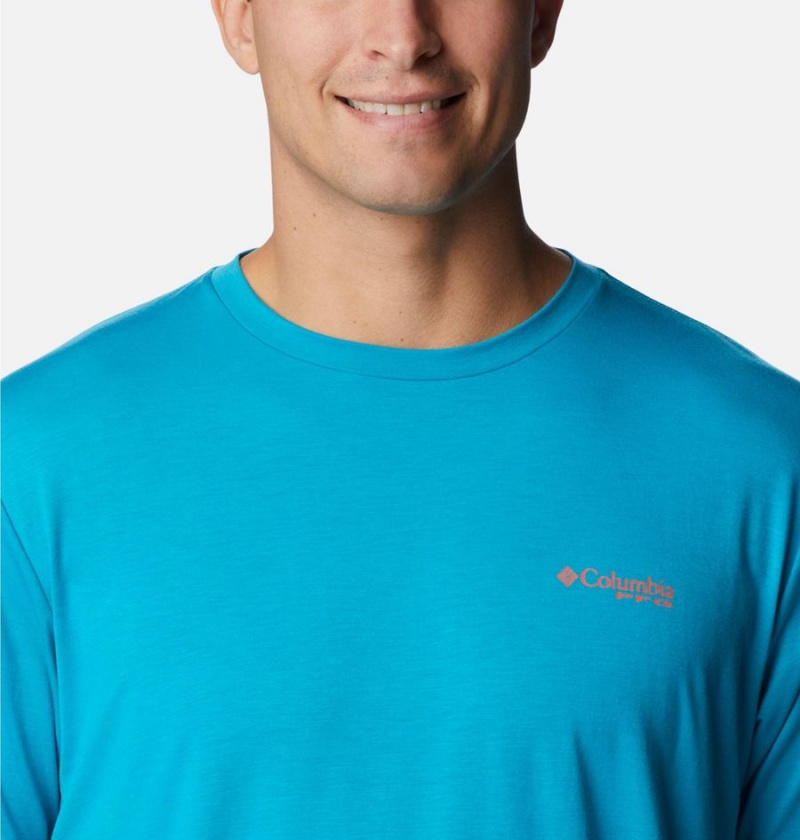 Turquoise Men's Columbia PFG Triangle Fill Tech T-Shirt | LCNKT-0728