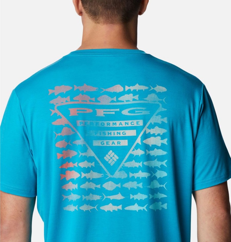 Turquoise Men's Columbia PFG Triangle Fill Tech T-Shirt | LCNKT-0728