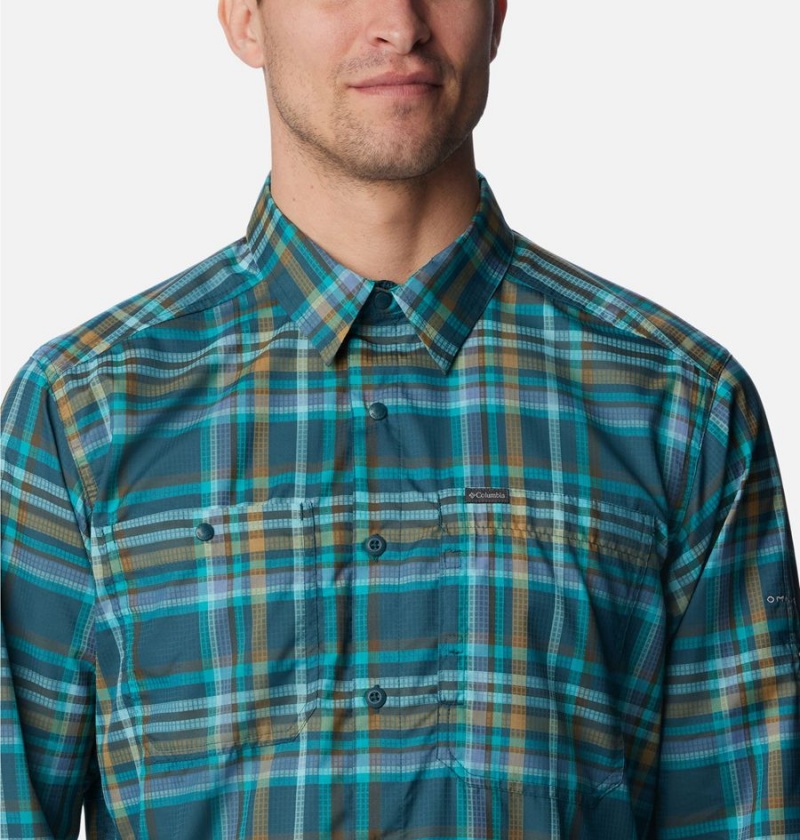 Turquoise Men's Columbia Silver Ridge Utility Lite Plaid Long Sleeve Shirt | YGUHD-0746