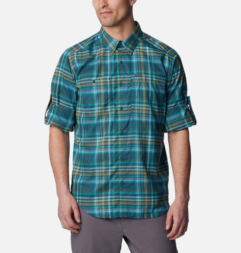 Turquoise Men's Columbia Silver Ridge Utility Lite Plaid Long Sleeve Shirt | YGUHD-0746