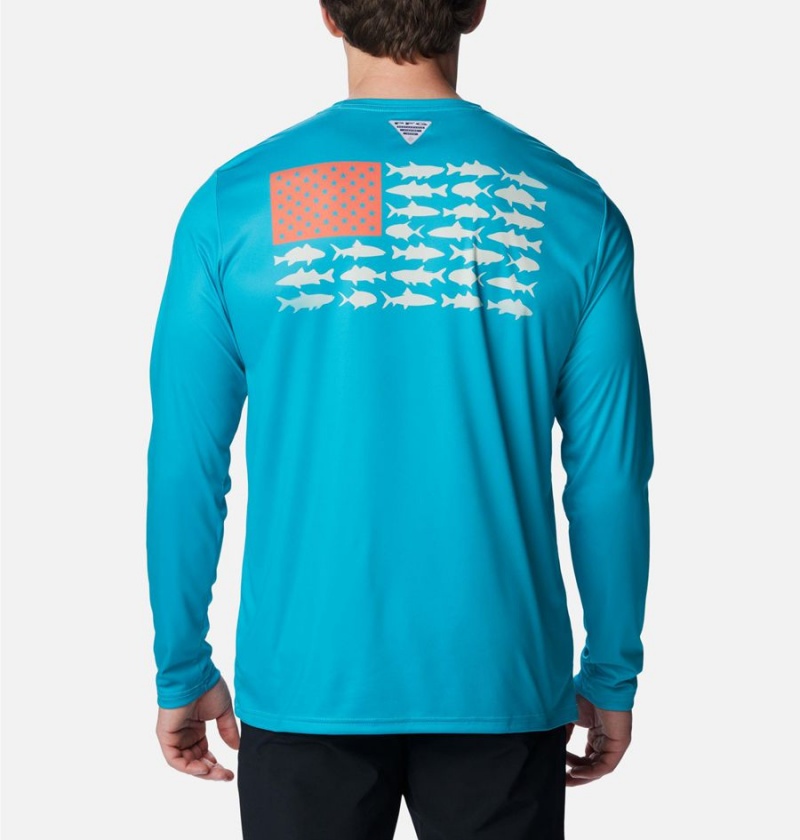 Turquoise Men's Columbia Terminal Tackle PFG Fish Flag Long Sleeve T-Shirt | QOJPT-0748