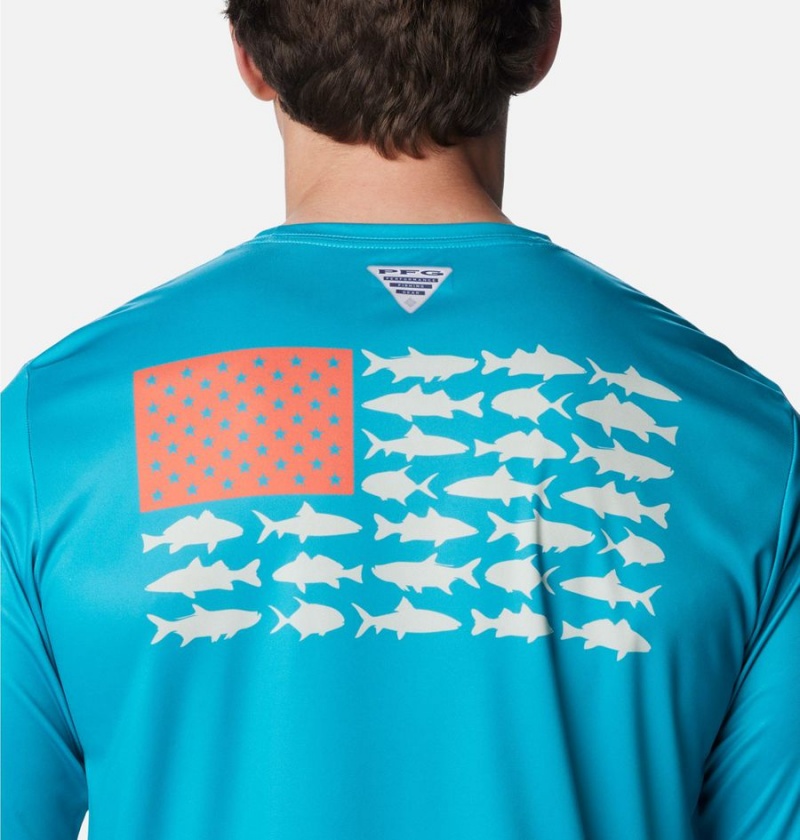 Turquoise Men's Columbia Terminal Tackle PFG Fish Flag Long Sleeve T-Shirt | QOJPT-0748