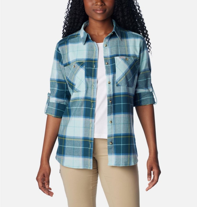 Turquoise Women's Columbia Clay Hills Stretch Flannel Shirt | PLMYN-6534