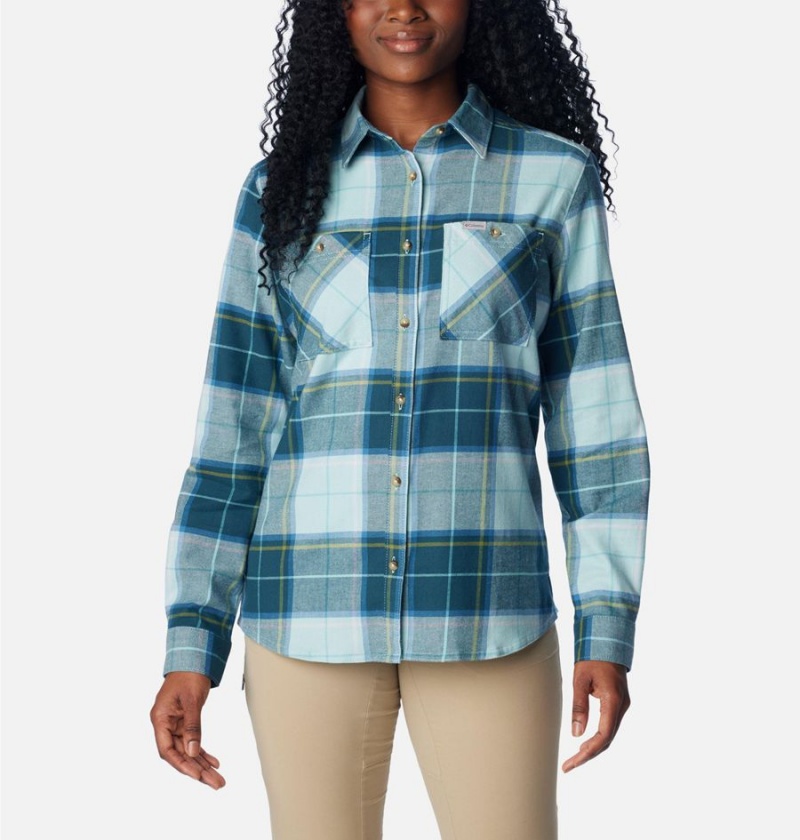 Turquoise Women\'s Columbia Clay Hills Stretch Flannel Shirt | PLMYN-6534