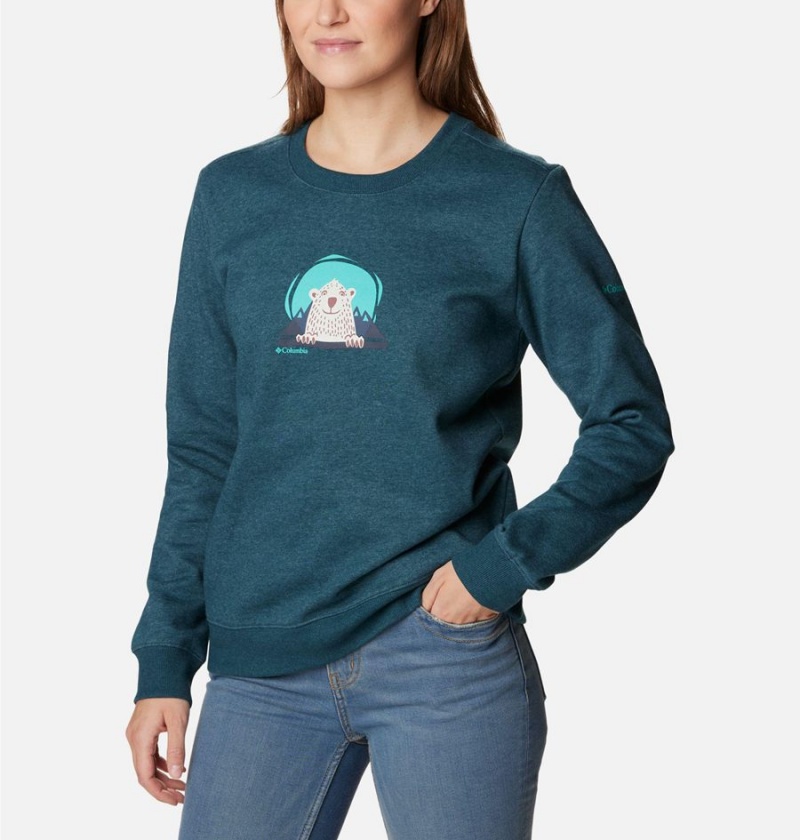 Turquoise Women's Columbia Hart Mountain II Graphic Crew Pullover | ZNGMV-4109