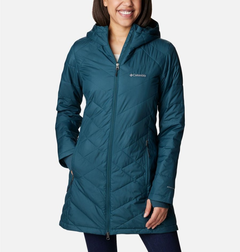 Turquoise Women\'s Columbia Heavenly Long Hooded Puffer Jacket | CXFYE-3201