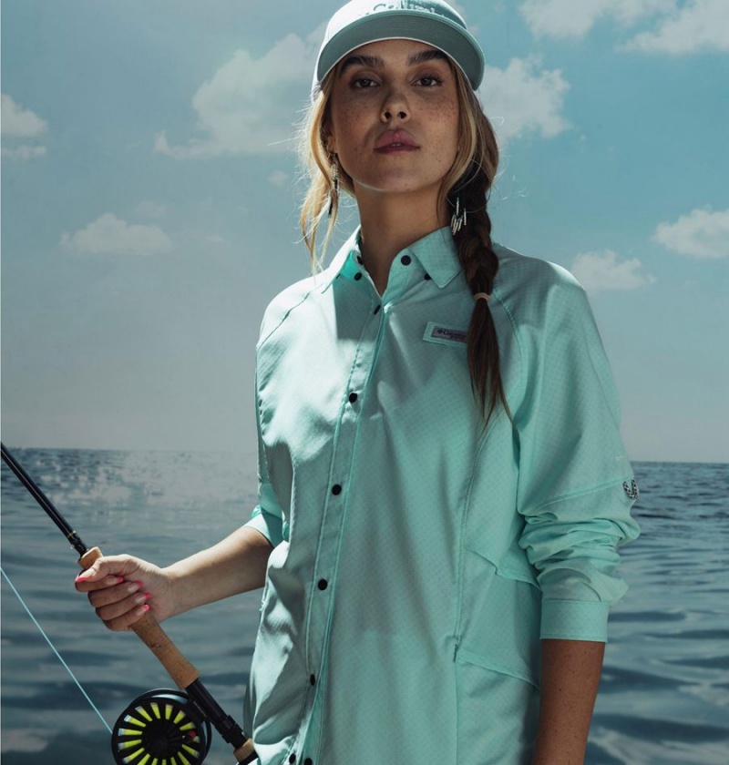 Turquoise Women's Columbia PFG Cool Release Airgill Long Sleeve Shirt | TGBIQ-4718