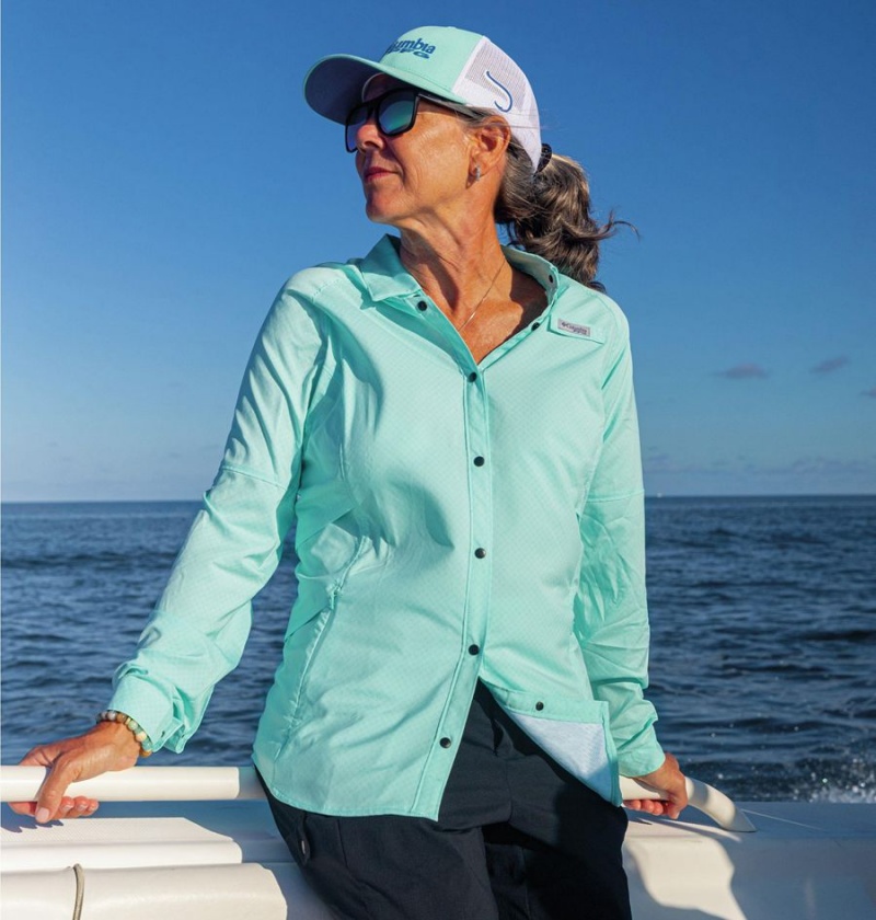 Turquoise Women's Columbia PFG Cool Release Airgill Long Sleeve Shirt | TGBIQ-4718