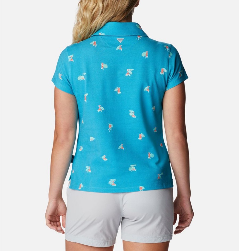 Turquoise Women's Columbia PFG Super Sun Drifter Short Sleeve Polo T-Shirt | CTMJW-7820