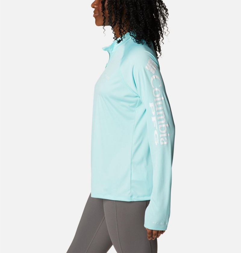 Turquoise Women's Columbia PFG Tidal Quarter Zip Long Sleeve T-Shirt | WYQPA-8746