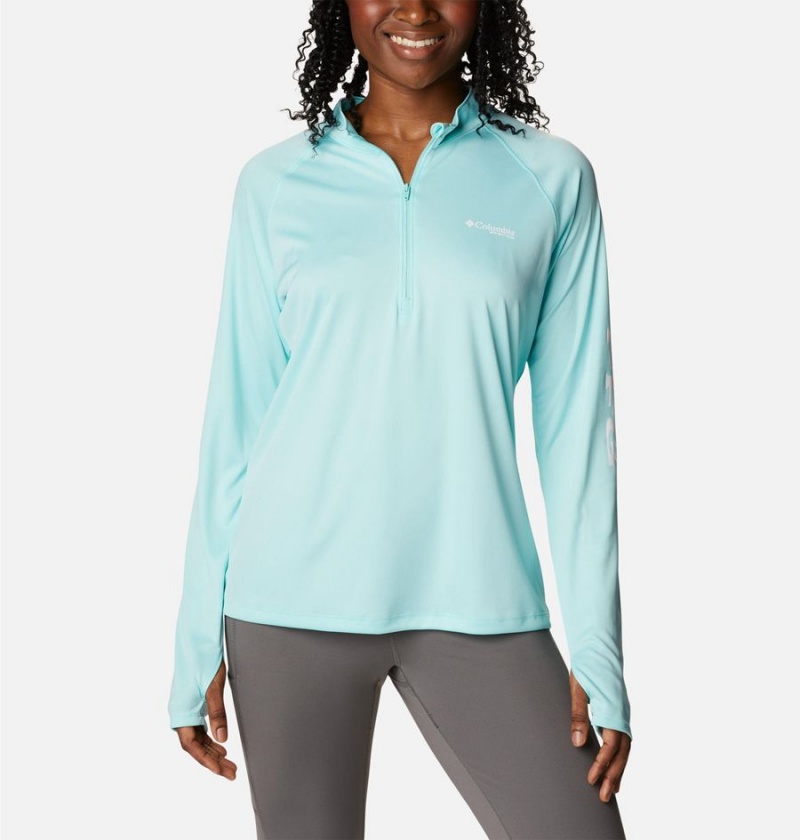 Turquoise Women\'s Columbia PFG Tidal Quarter Zip Long Sleeve T-Shirt | WYQPA-8746