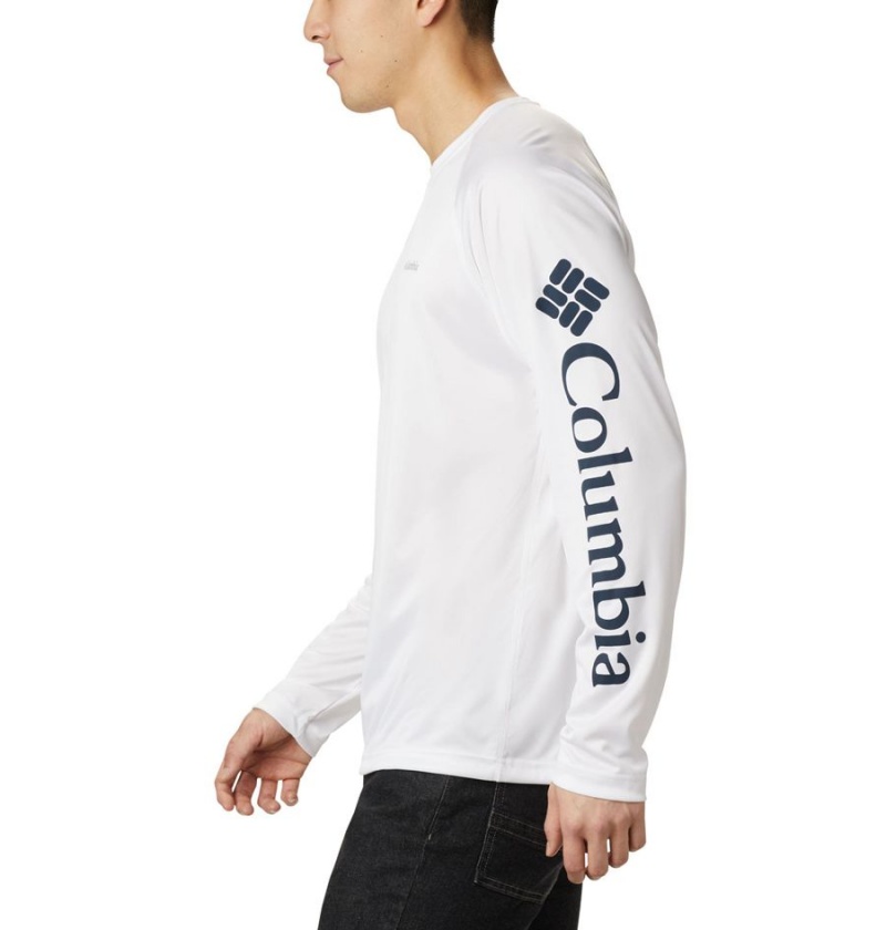 White Men's Columbia Fork Stream Long Sleeve T-Shirt | BKAJO-6502