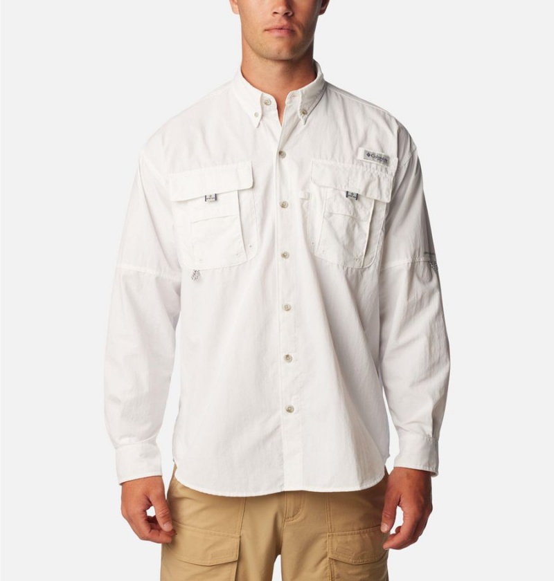 White Men\'s Columbia PFG Bahama II Long Sleeve Shirt | DXPKM-8453