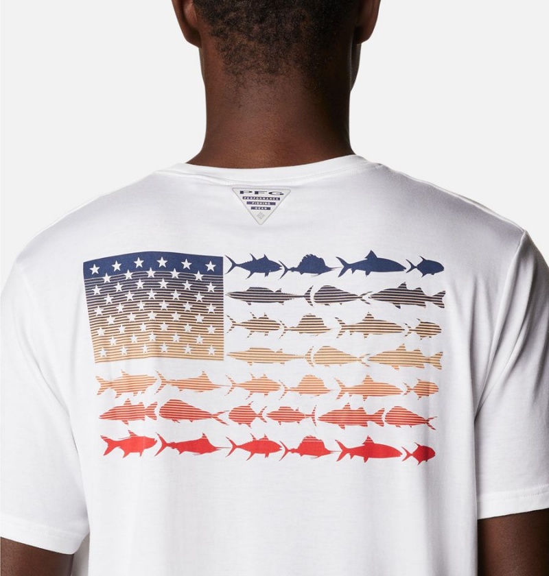 White Men's Columbia PFG Fish Flag Tech Short Sleeve T-Shirt | IQFJR-3219