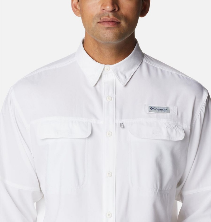 White Men's Columbia PFG Skiff Guide Woven Long Sleeve Shirt | EVYAC-8172