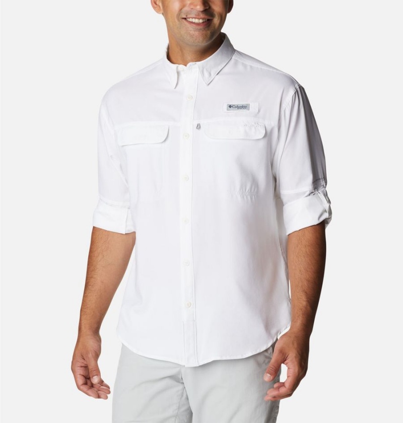 White Men's Columbia PFG Skiff Guide Woven Long Sleeve Shirt | EVYAC-8172