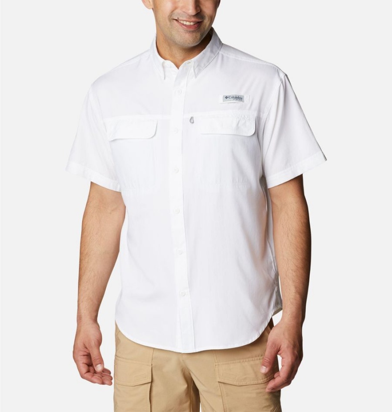 White Men\'s Columbia PFG Skiff Guide Woven Short Sleeve Shirt | MFELG-4029