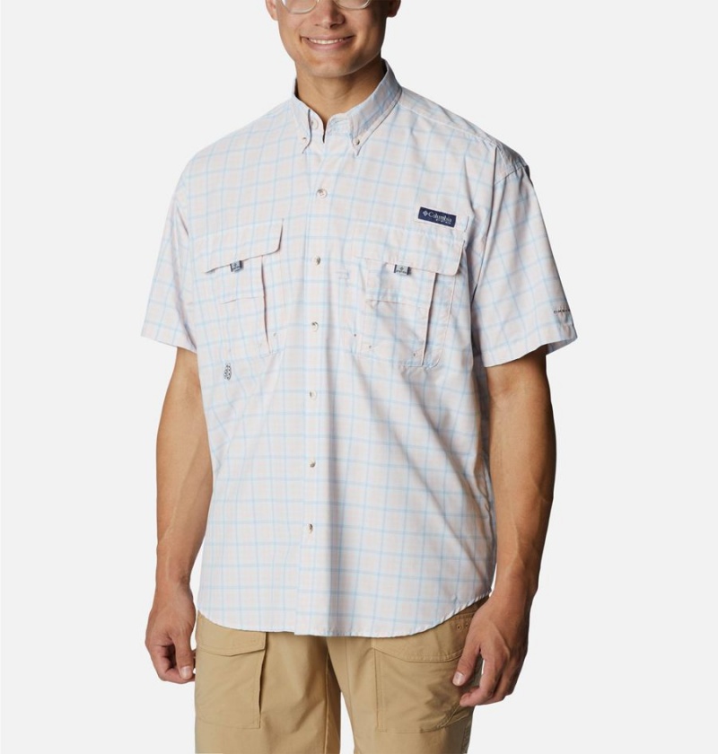 White Men\'s Columbia PFG Super Bahama Short Sleeve Shirt | CWHBY-5729