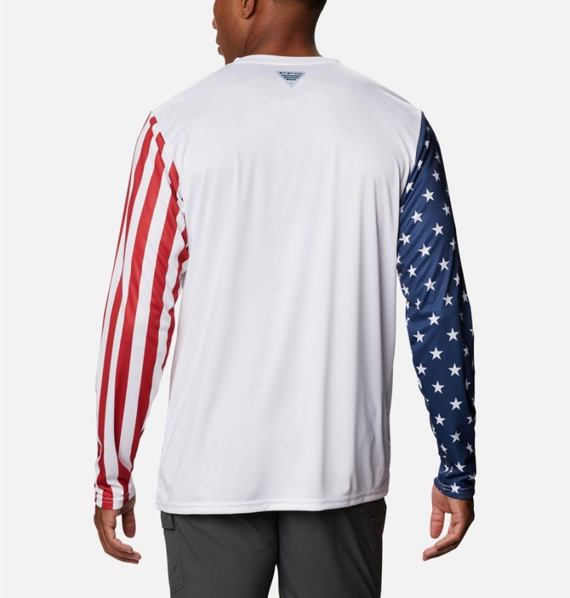 White Men's Columbia PFG Terminal Tackle Americana Long Sleeve T-Shirt | OZCBW-0723