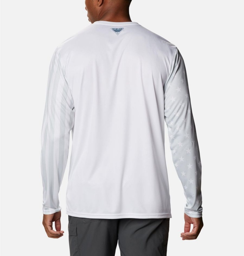 White Men's Columbia PFG Terminal Tackle Americana Long Sleeve T-Shirt | KLTHE-2183