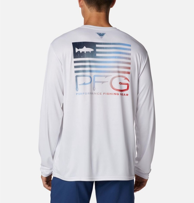 White Men's Columbia PFG Terminal Tackle Fish Star Long Sleeve T-Shirt | BTXJC-6254