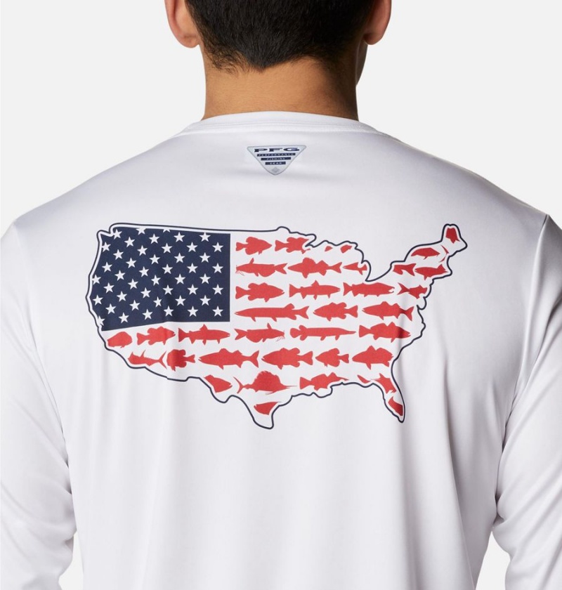 White Men's Columbia PFG Terminal Tackle Statetriot Long Sleeve T-Shirt | EJOLQ-6871