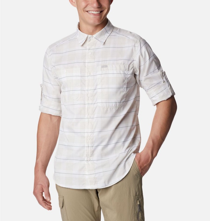 White Men's Columbia Silver Ridge Utility Lite Plaid Long Sleeve Shirt | XMCUI-2943