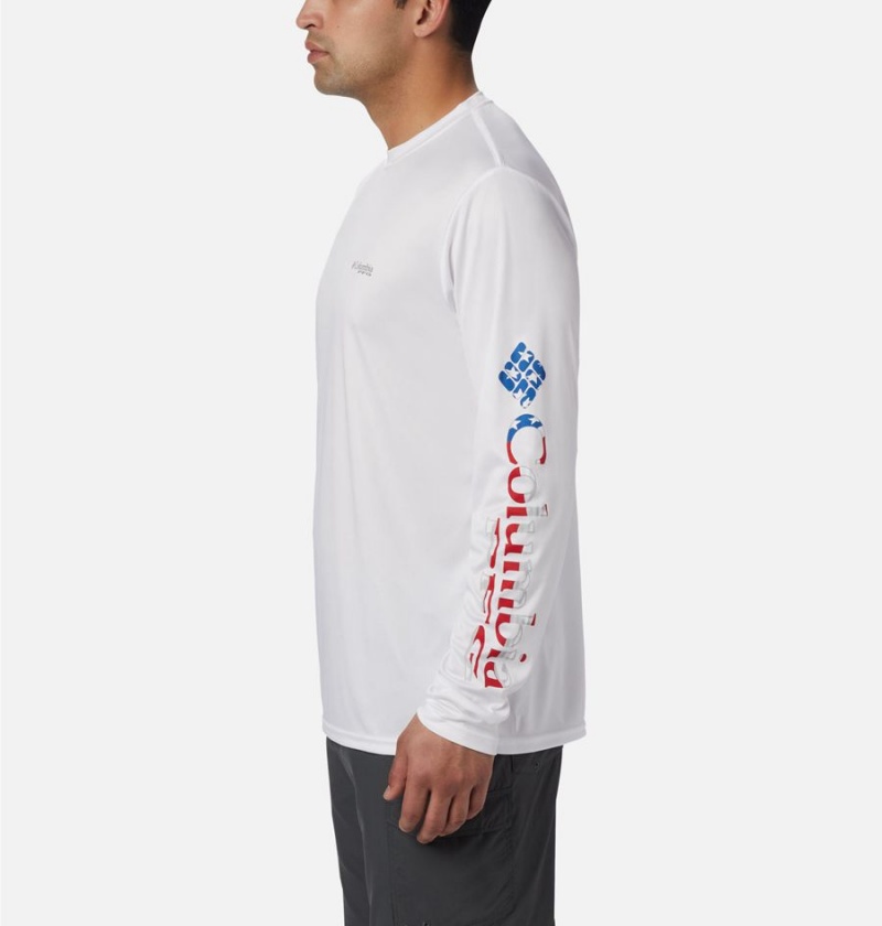 White Men's Columbia Terminal Tackle PFG Logo Print Long Sleeve T-Shirt | TIQXB-8036