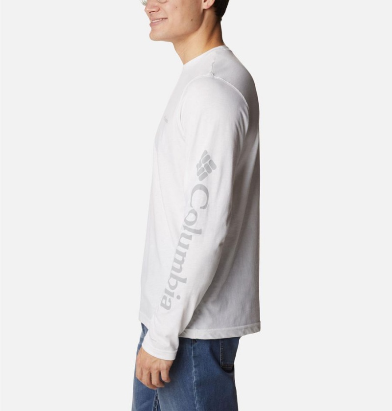 White Men's Columbia Thistletown Hills Long Sleeve Logo T-Shirt | HQSTJ-0641