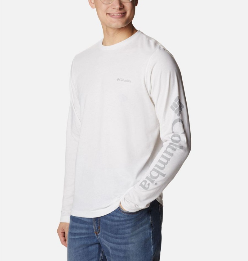 White Men's Columbia Thistletown Hills Long Sleeve Logo T-Shirt | HQSTJ-0641