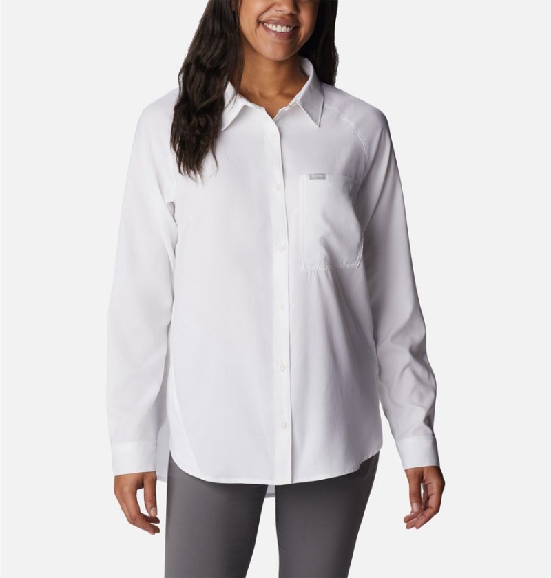 White Women\'s Columbia Anytime Lite Long Sleeve Shirt | KBVGM-3486