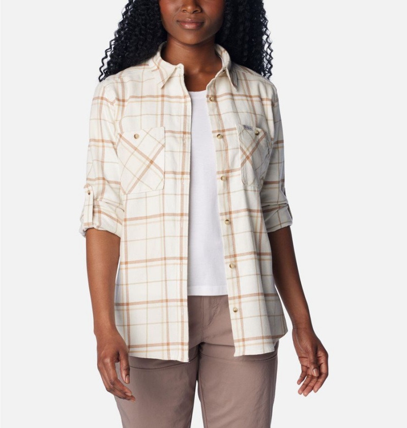 White Women's Columbia Clay Hills Stretch Flannel Shirt | ISMVZ-2539